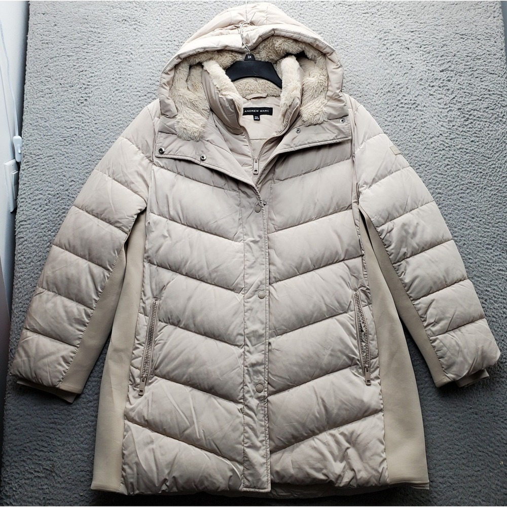 Andrew Marc Puffer Jacket Womens XXL Tan Faux Fur Hooded Snap Inside Zip EUC